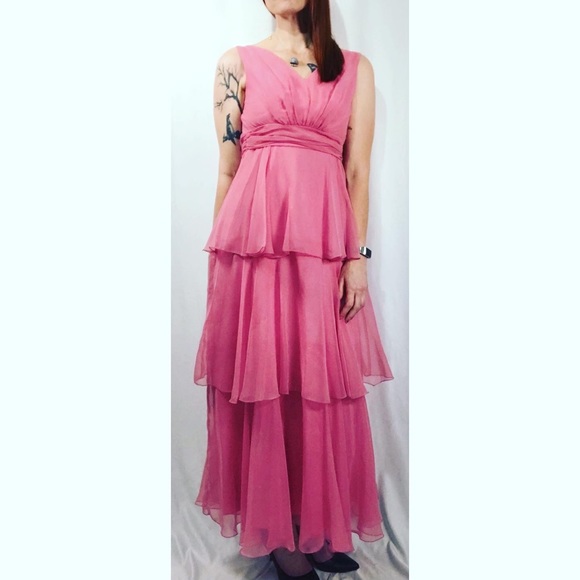 Sold—Vintage Pink Chiffon Empire Waist Maxi Dress with Matching Chiffon Cape - Picture 3 of 17